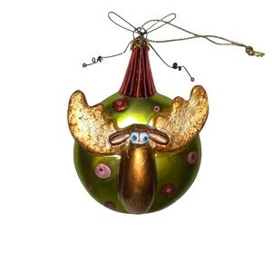 Blue Eye Moose w Eyelashes‎ Polka Dot Glass Ornament Green Brown Pink Red
